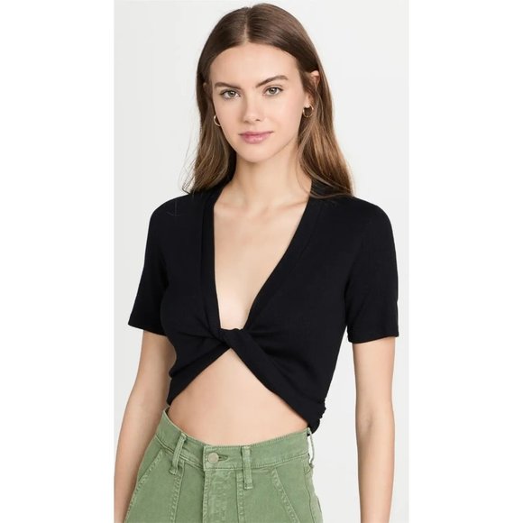 Stateside Shirt Womens XS Black Short Sleeve Crop Top Plunge Neck Casual - Picture 1 of 7